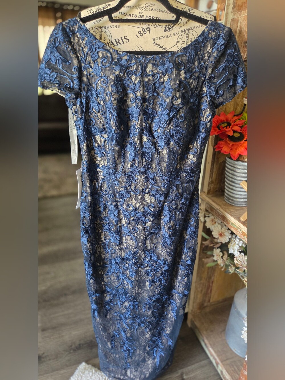 Azazie Navy Blue Lace Midi Dress with Floral Embroidery